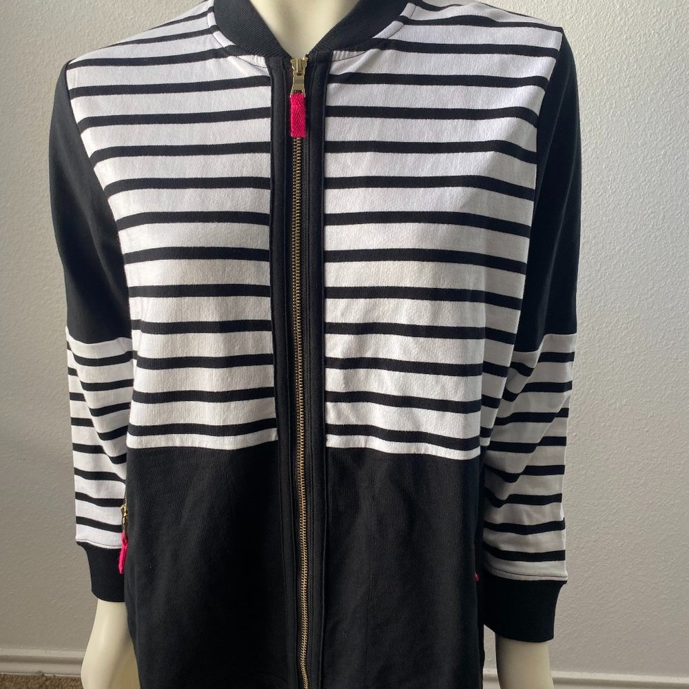 Rafaella Weekend Women's Black Blocked Stripe French Terry Jacket Size LP